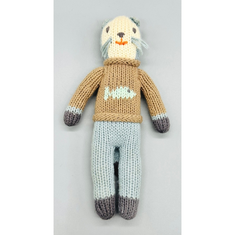 Blabla Sardine Cat Kitty Rattle Hand Knit‎ Plush Blue Brown 8 inch